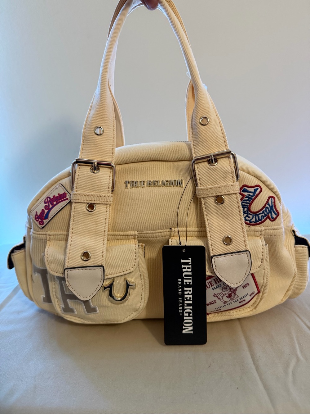 True Religion Cream Canvas Satchel Shoulder Bag